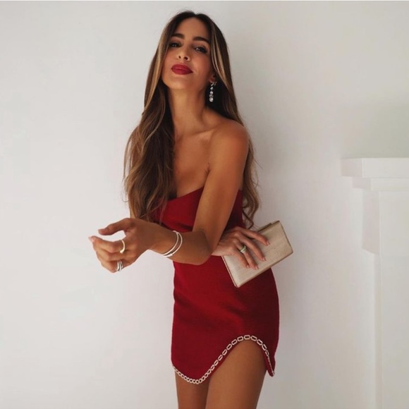 ZARA Chain Trimmed Asymmetric Dress Burgundy - Picture 15 of 16